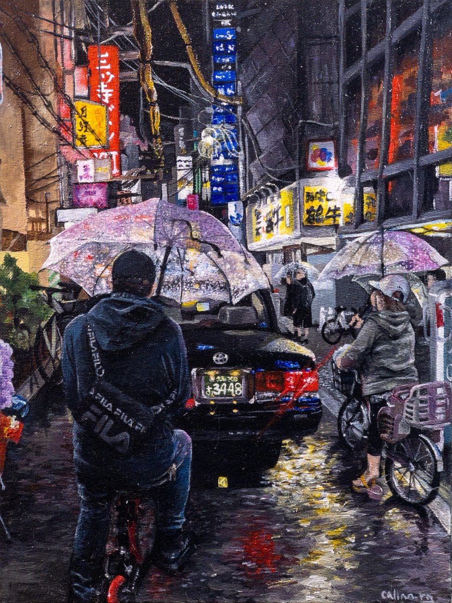 Acrylic painting — rainy Tokyo street scene at night