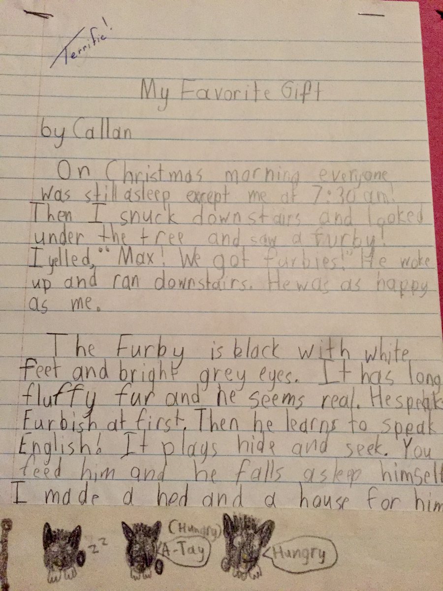 An early essay titled "My Favorite Gift" with Furby drawings at the bottom