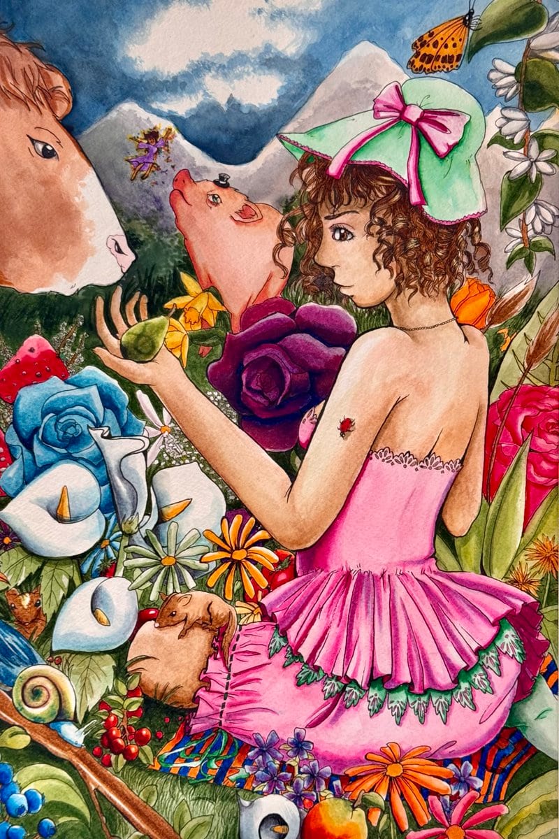 Detailed watercolor fantasy illustration in gothic lolita style