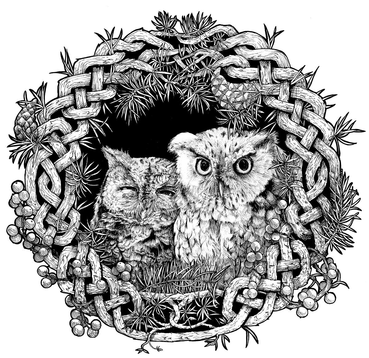 Intricate pen-and-ink drawing of birds in a Celtic knot wreath