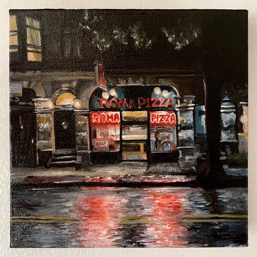 Acrylic painting of a pizza place facade