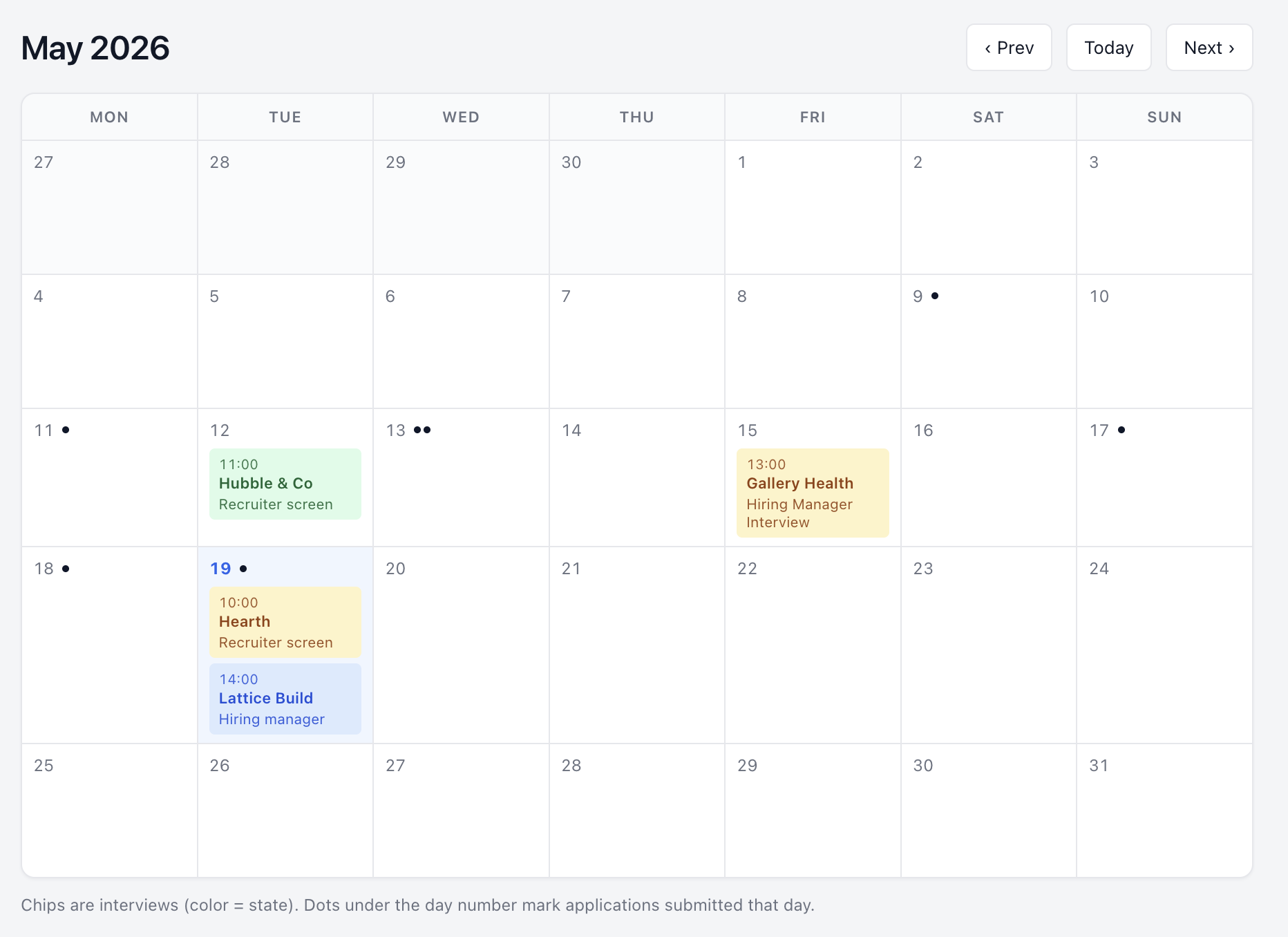 Screenshot of the Calendar view