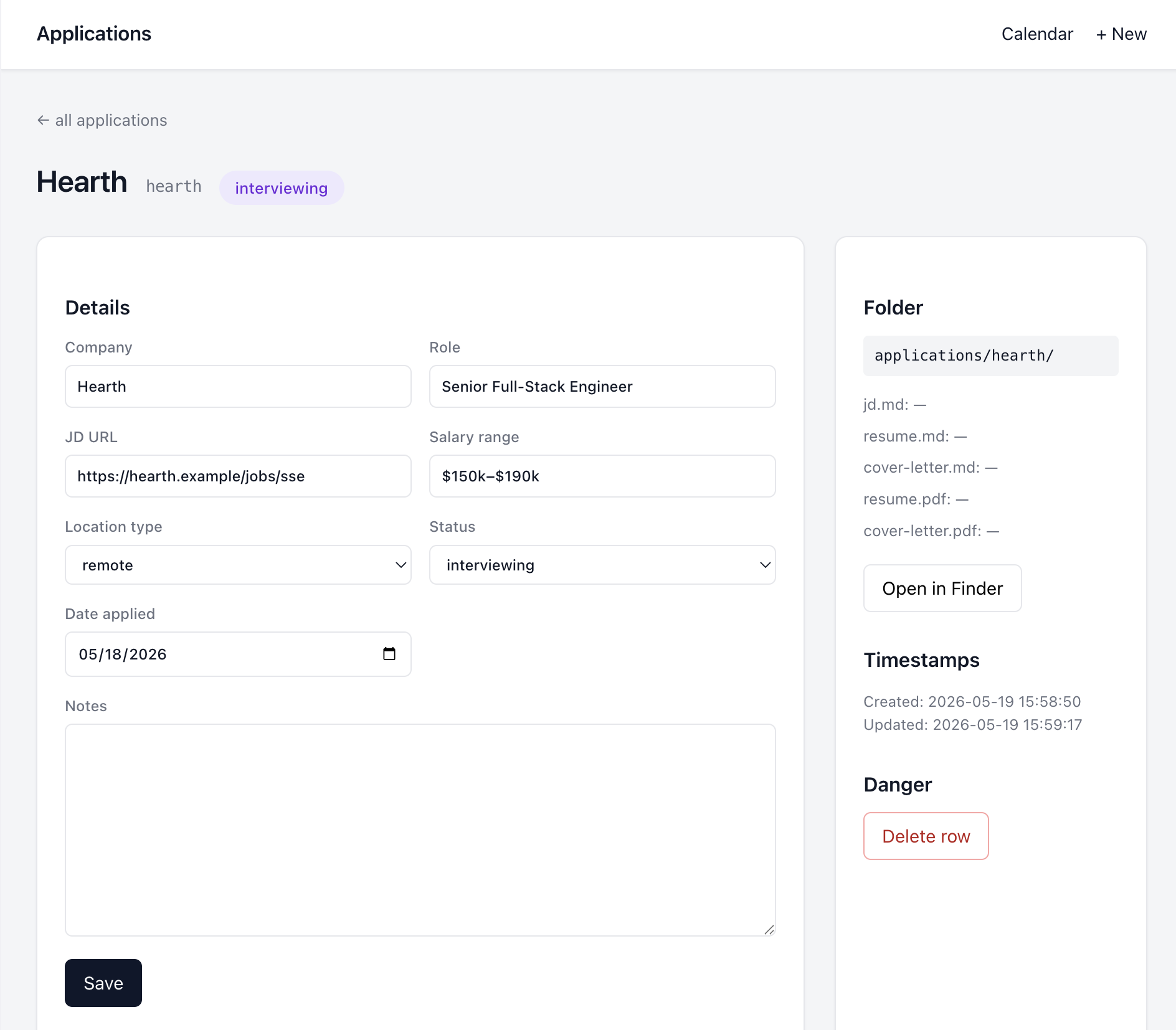 Screenshot of the per-application detail page