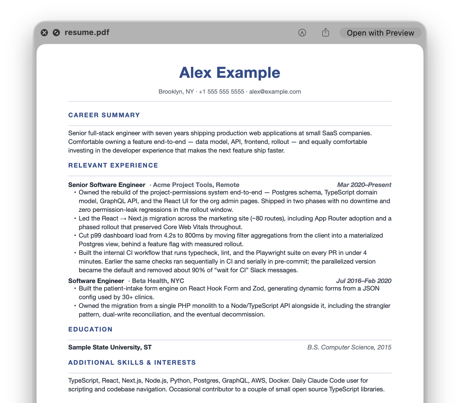 Screenshot of a rendered resume PDF